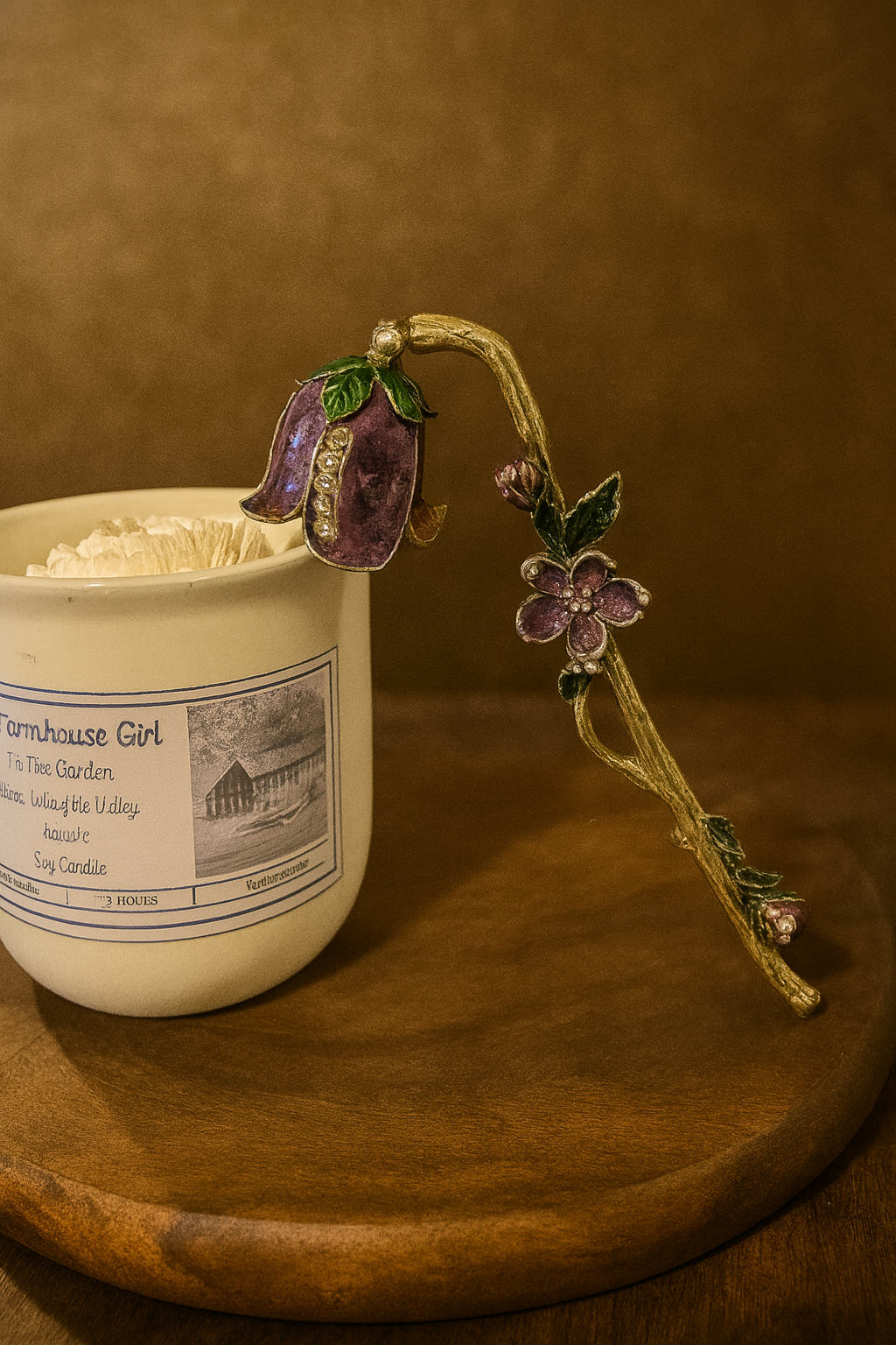 Candle snuffer with decorative element on a wooden surface