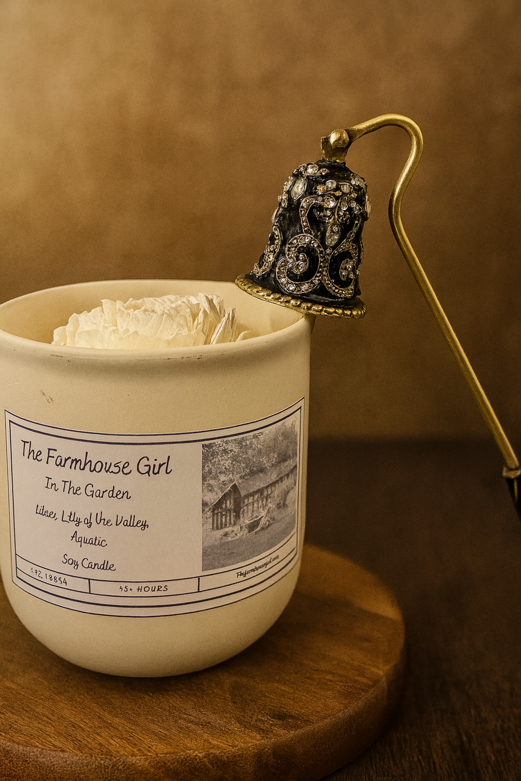 Candle with decorative label and bell on a wooden surface