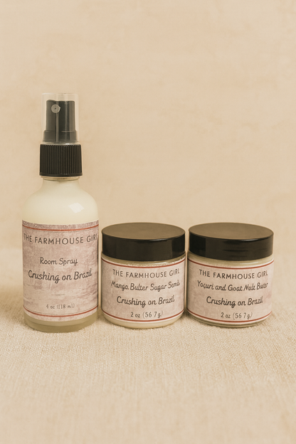Three products from 'The Farmhouse Girl' on a beige background