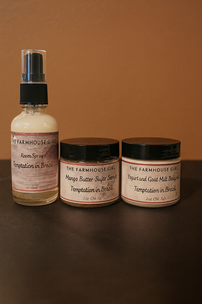 Three products from 'The Farmhouse Girl' on a brown background