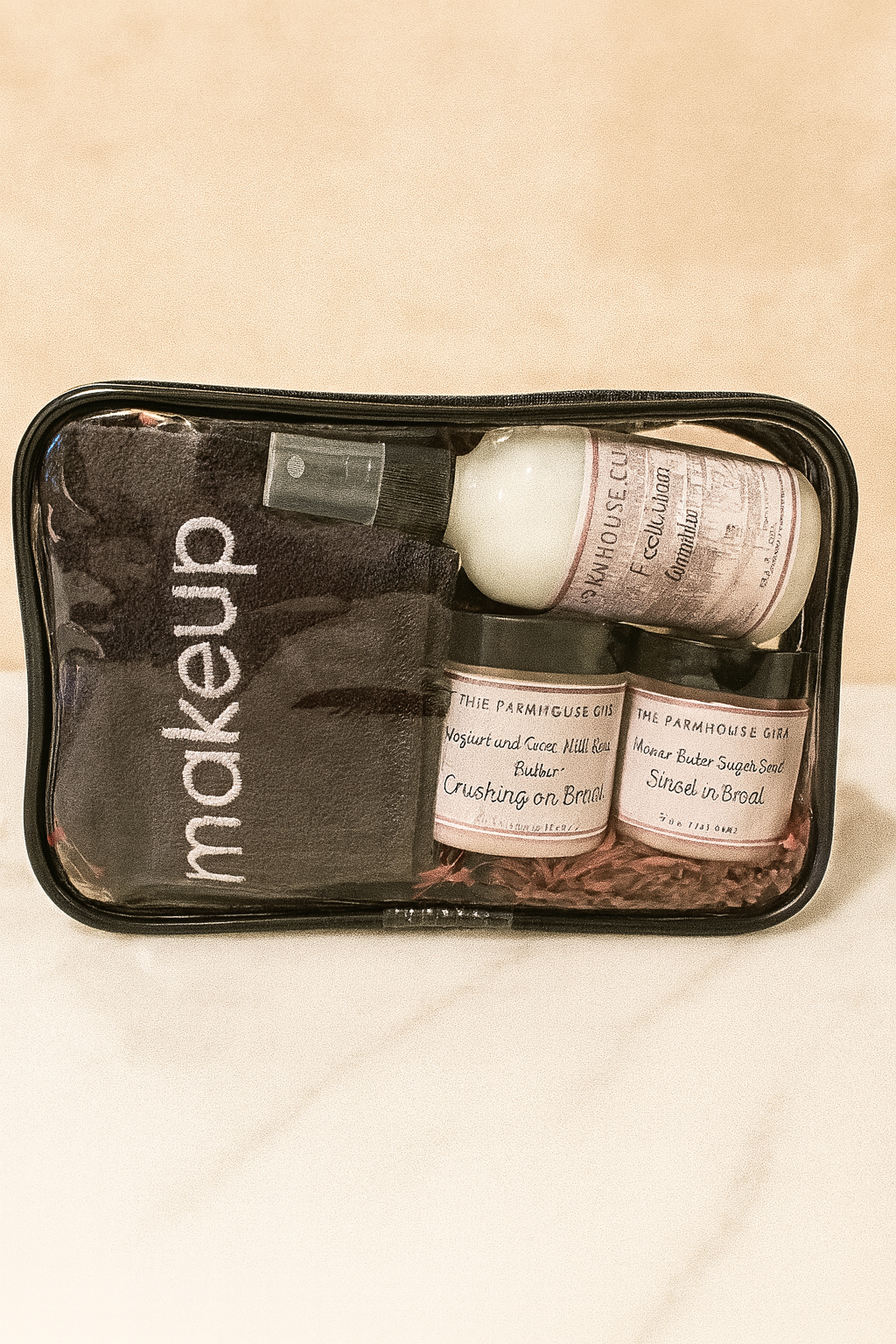Makeup bag with products from The Farmhouse Date on a beige background